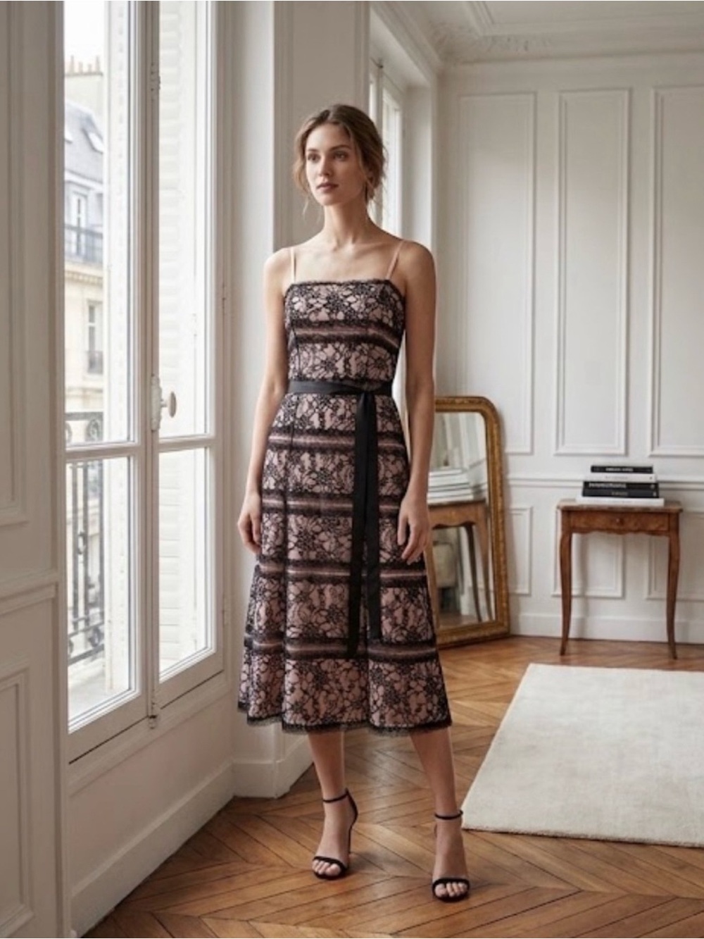 BCBGMaxAzria Black & Blush Lace Sheath Strapless Midi Dress, Size 2.